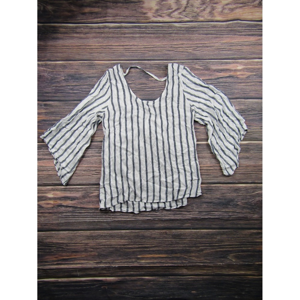 Drew Womens Size Small White Blue Striped Scoop Neck 3/4 Bell Sleeve Blouse Top